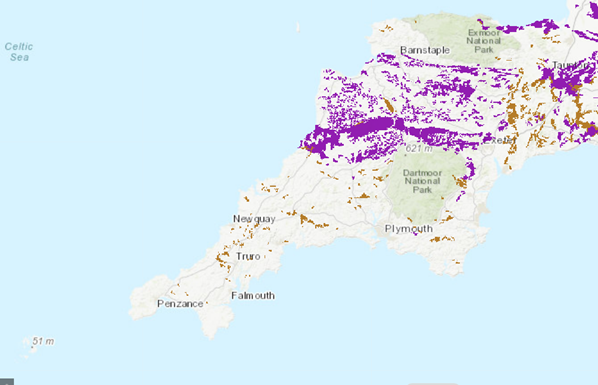 Map showing areas with slowly draining soils across Devon and Cornwall