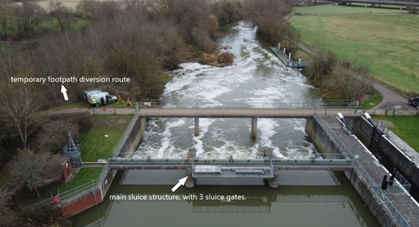 aerial photograph of the sluice gate being worked on