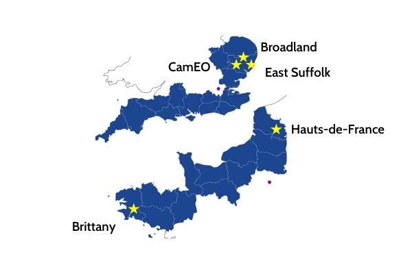 Map showing Water for Tomorrow project areas in the UK and France