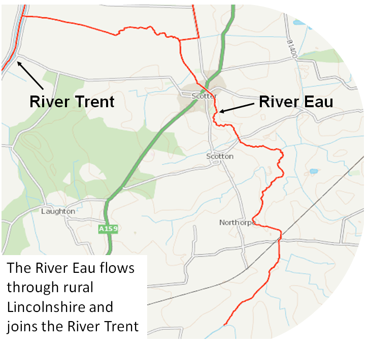 A map showing the path of the River Eau, through Northorpe, past Scotton, through Scotter and on to the River Trent. 