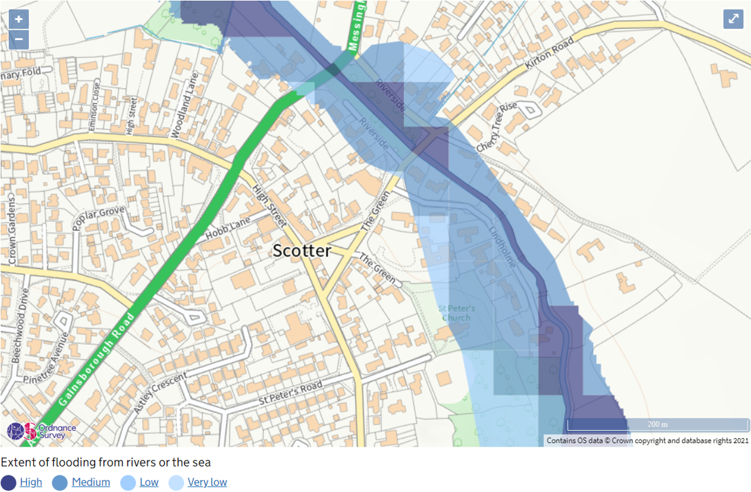 A detailed map of flood risk in Scotter. Properties on Lindholme and Riverside are in the at risk area.