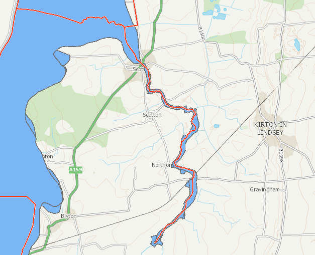 A map showing the historic flood outline from the River Eau. The largest section is downstream of Scotter, with limited flooding on both sides of the river through the village and upstream.