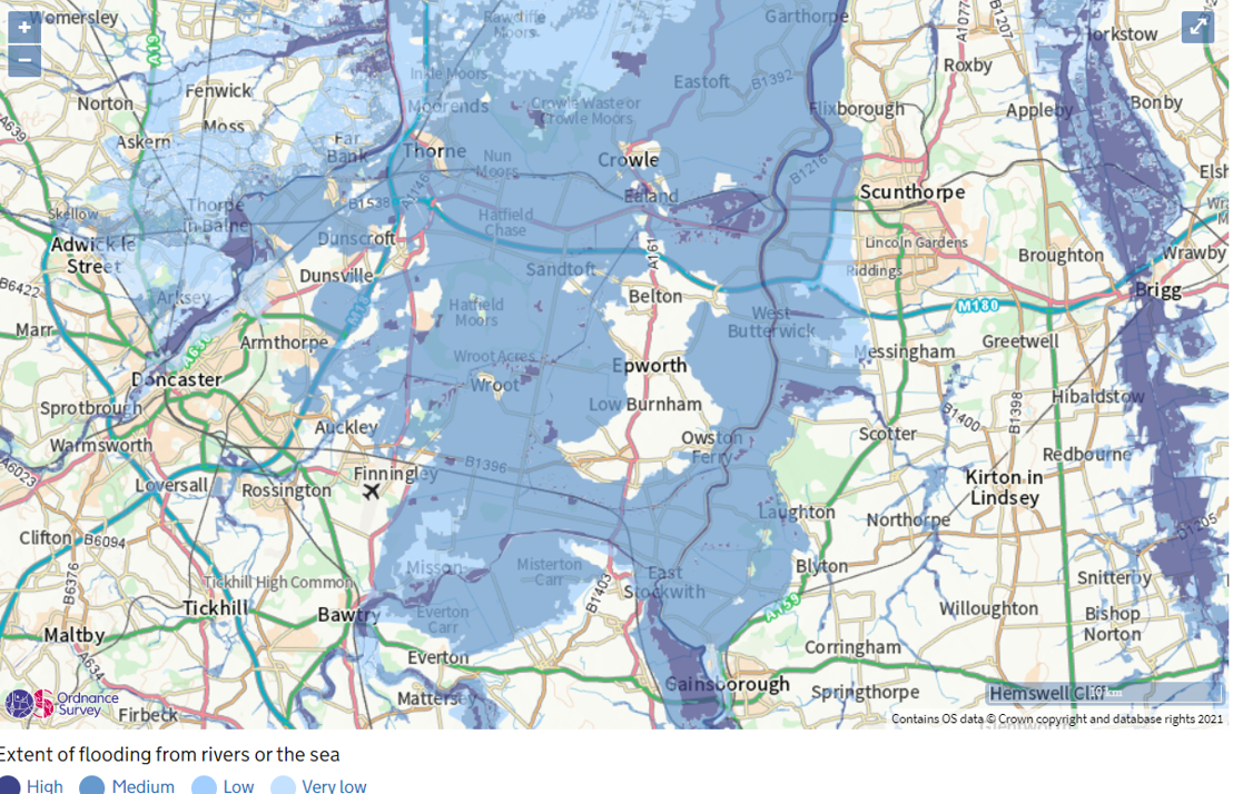 A map showing the wider geographical area of the trent and areas at risk of flooding. 