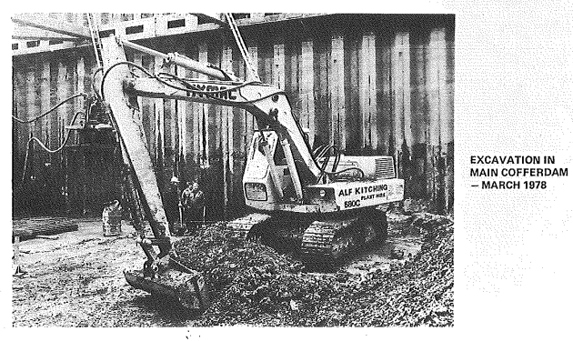 Image of an excavator in the main cofferdam from 1978