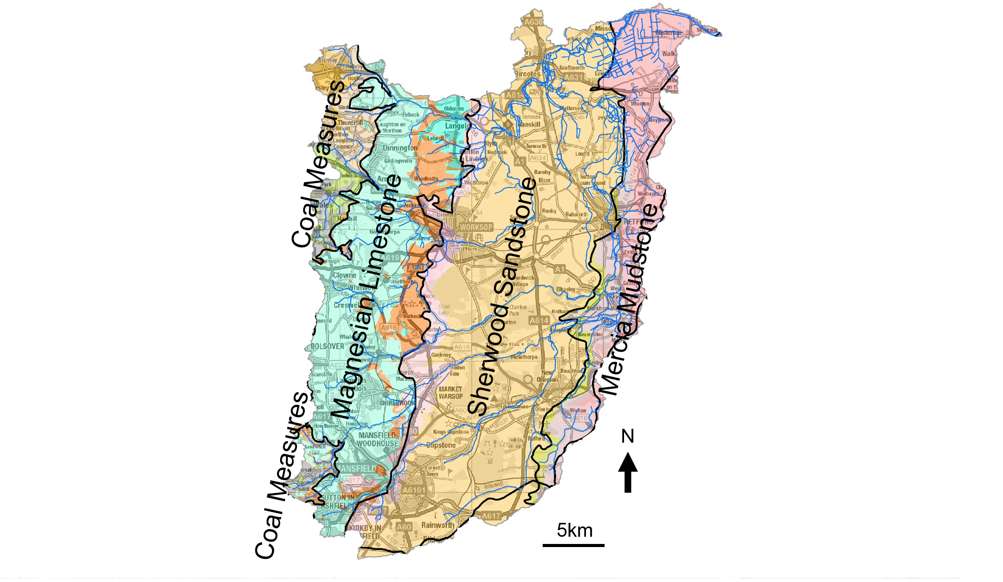 A map showing the bedrock geology in the idle catchment, made up of limestone, sandstone and mudstone.
