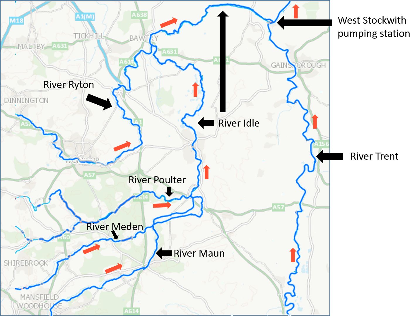 A map showing the River Maun, River Meden, River Poulter, River Ryton, River Idle and River Trent, as well as West Stockwith pumping station..