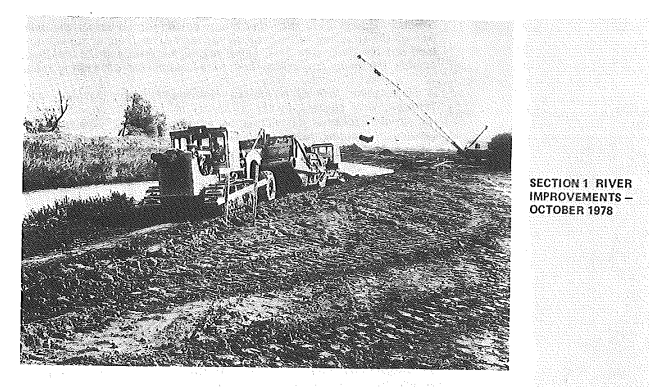Image of river improvements from 1978, showing machinery moving along the banks of the river.