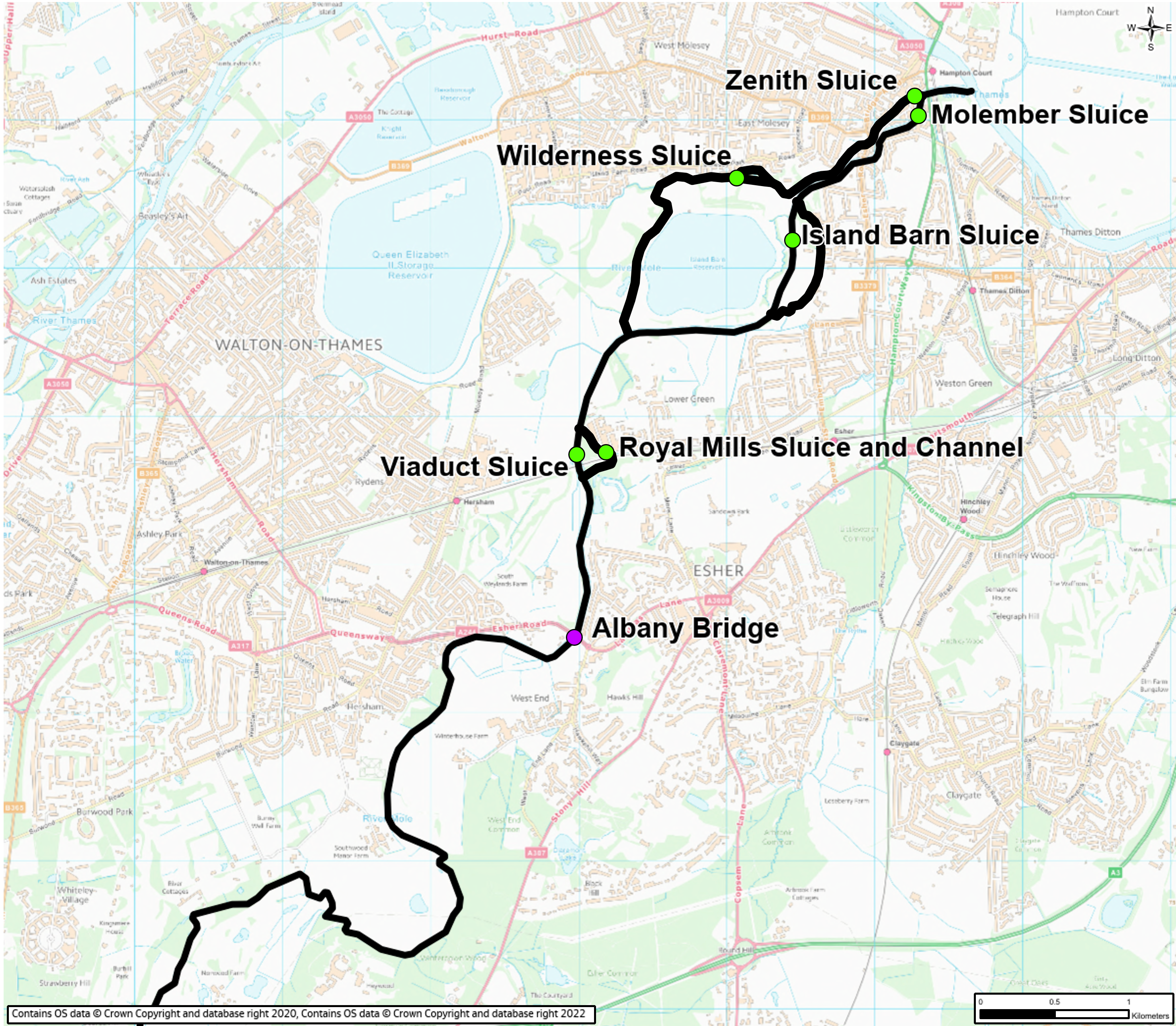 A map showing the whole Lower Mole Flood Alleviation area. There are multiple black river lines curving across a landscape from top right to bottom left. There are six bright green dots along the river from top right to the middle of the picture showing the six sluice gates structures. There is a purple dot which represents Albany Bridge. There are red and green lines across the map depicting roads and a few green areas. There is a blue semicircle in the top right (north east) which is a reservoir.