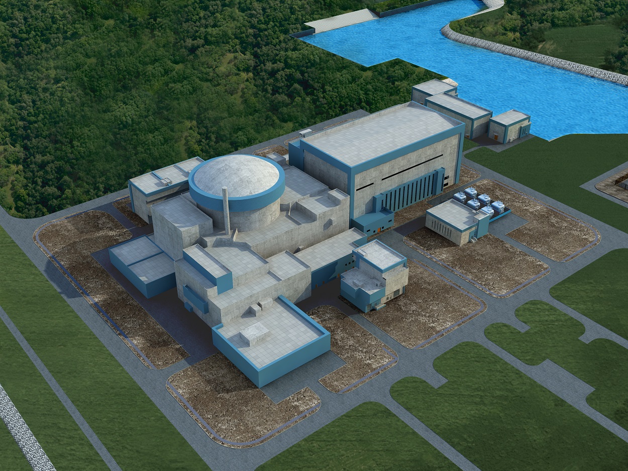 A 3D model of how the outside of the structure will look. Consists of a long rectangular building with a round dome at one end and several out buildings all located next to a body of water. Roads connecting the buildings and a wooded landscape next to the main complex - Image copyright of China General Nuclear