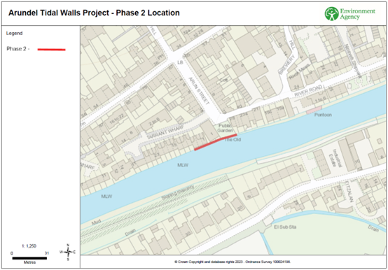 (Image above) The location of planned repairs to the river wall in Arundel is shown by a red line