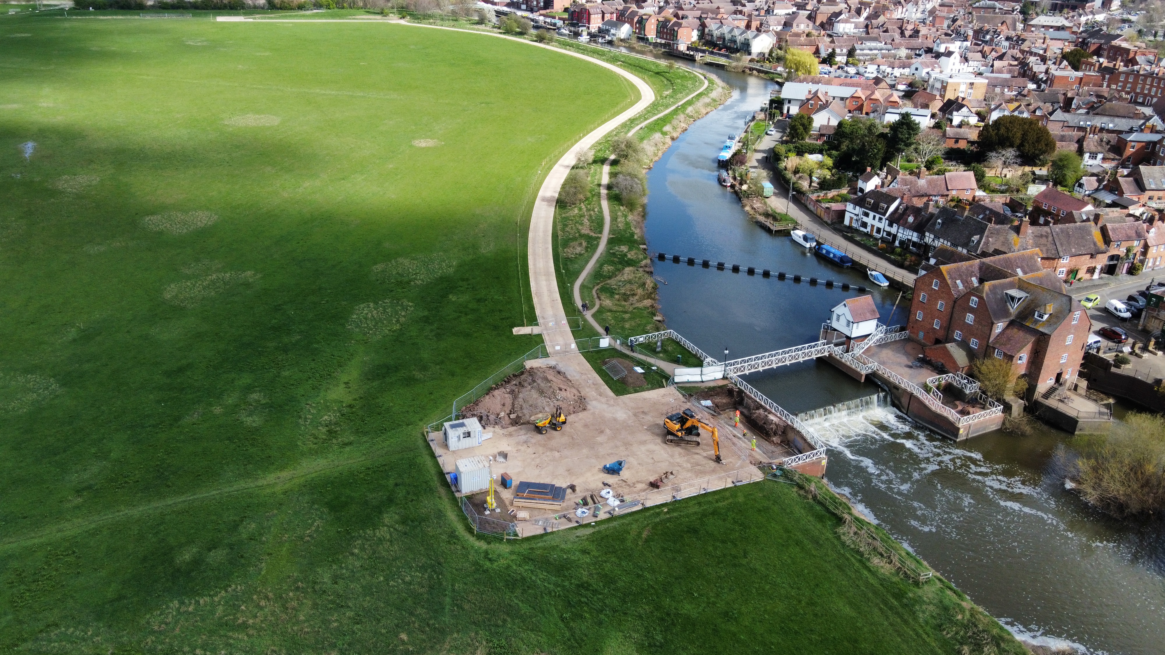 Aerial view of Severn Ham showing site of construction works by Abbey Mill