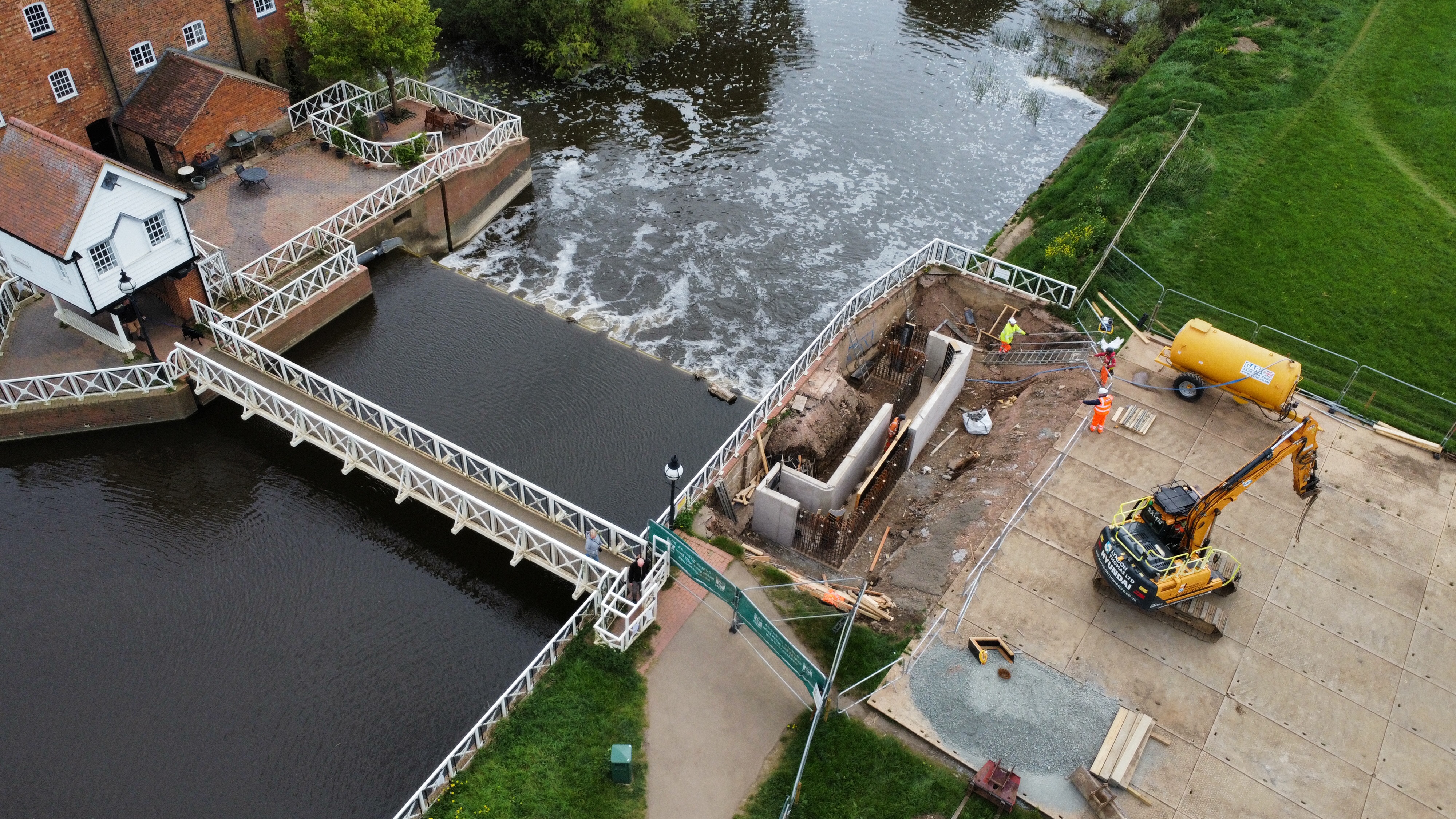 Aerial view of progress with construction of the eel pass taken on 28 April