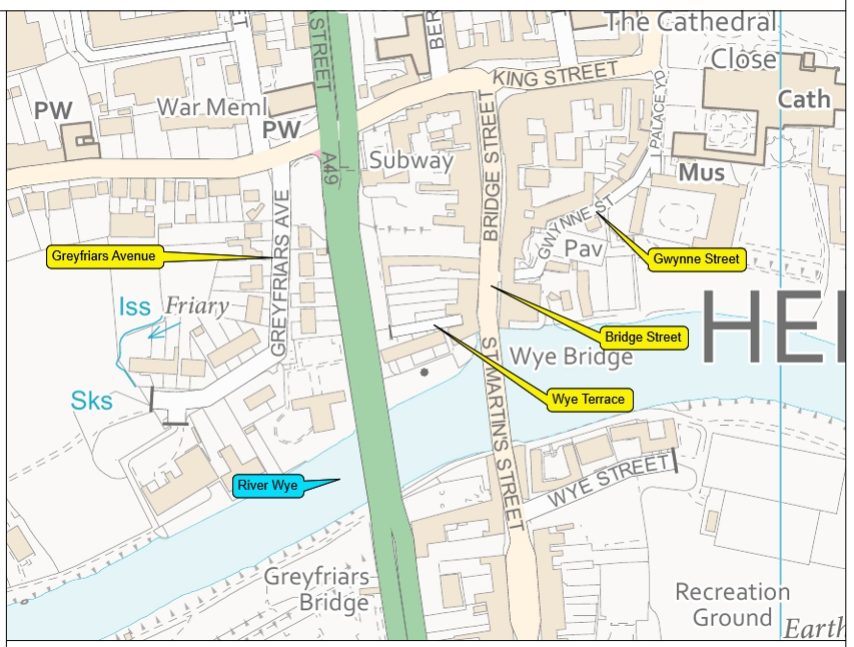 Map showing the area covered by a potential scheme, inlcuuding Grey Friars, Wye Terrace, Bridge Street and Gwynne Street