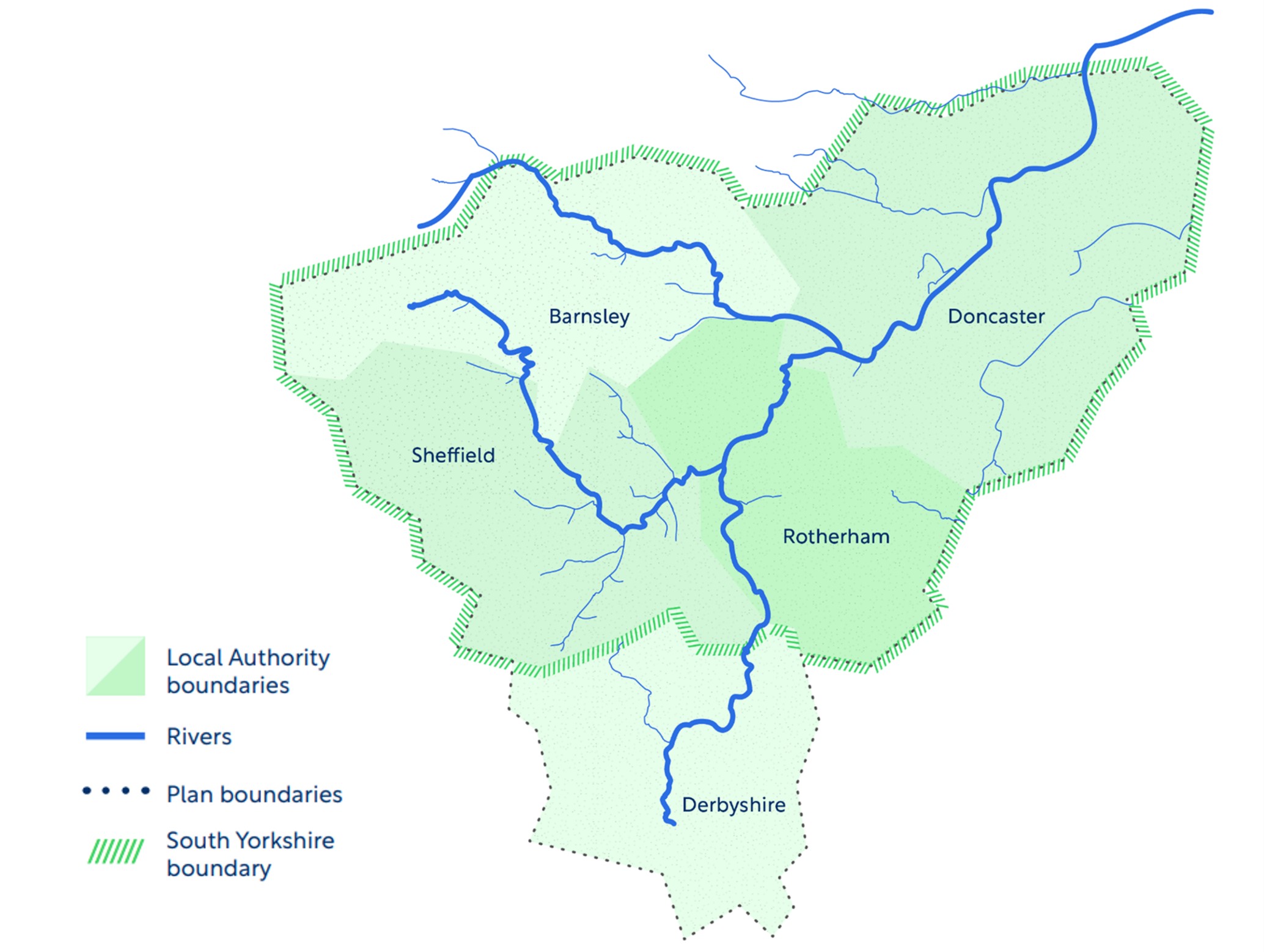 A simple map of South Yorkshire showing the route of the River Don and our local authority areas. Source: Connected by Water