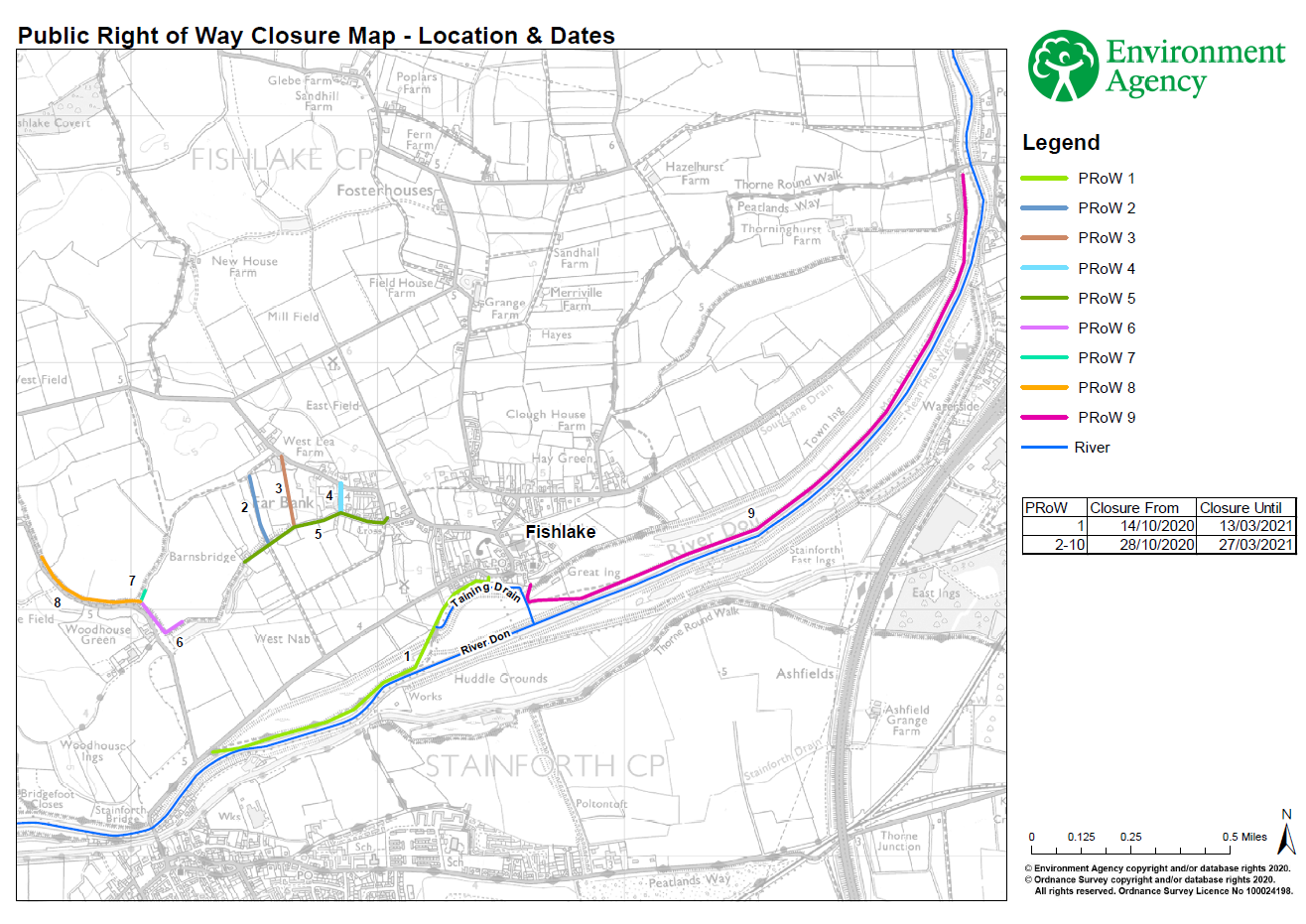 Map of temporarily closed footpaths and limited access to ‘Public Right of Way’