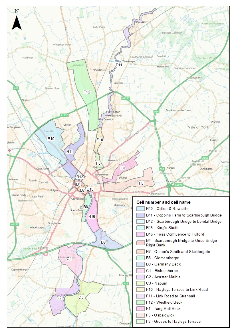 A map showing the York Flood Alleviation Scheme flood cells